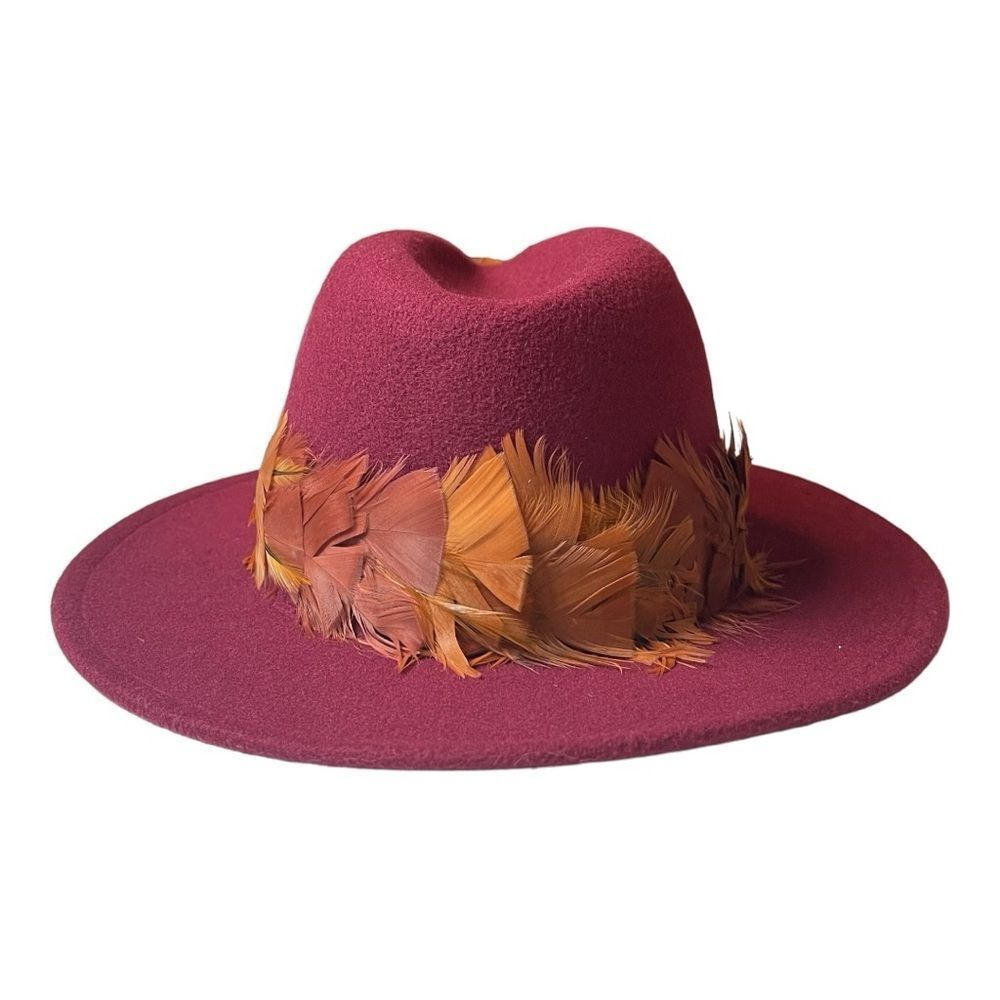 Beautiful Wine Color Felt Fedora with Elaborate Feather Hat Band - UNISEX - Picture 5 of 10